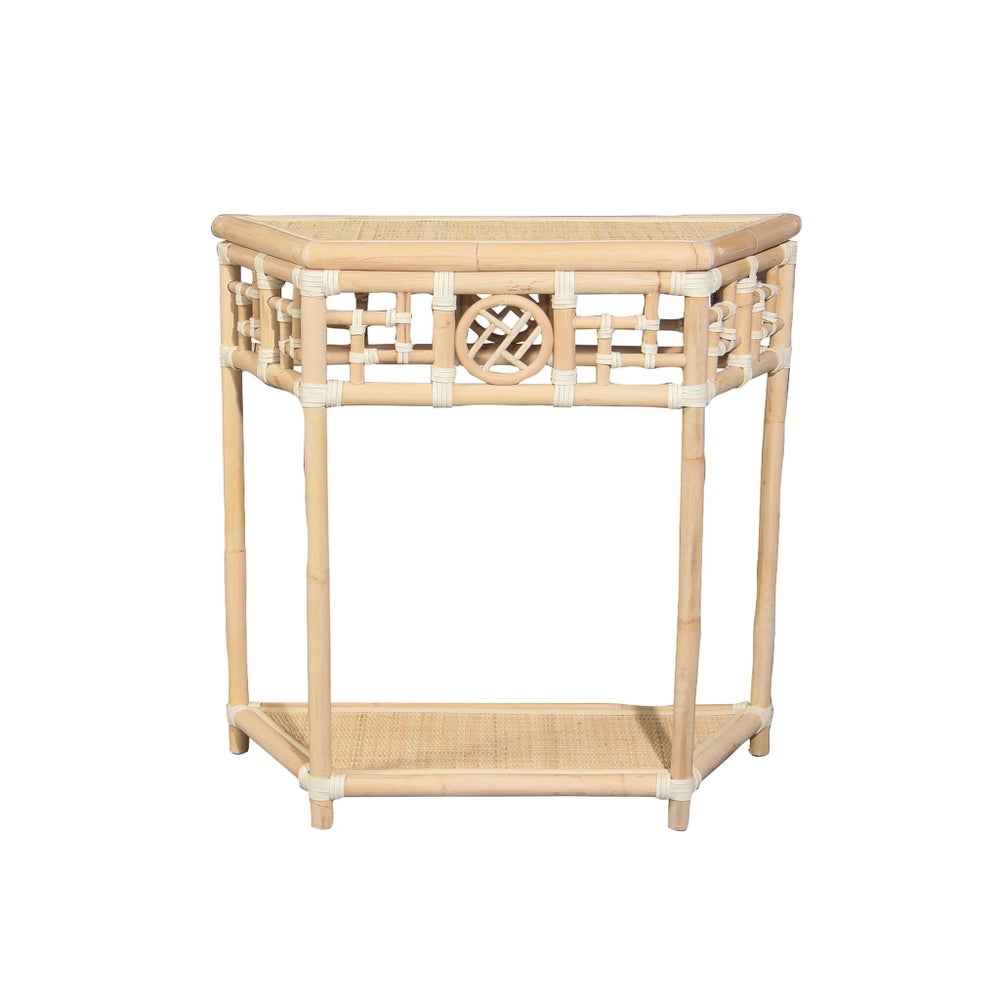 Demilune Table, Small Unpainted - "Select Your Color" Rattan Frame with Leather Wraps Woven Top