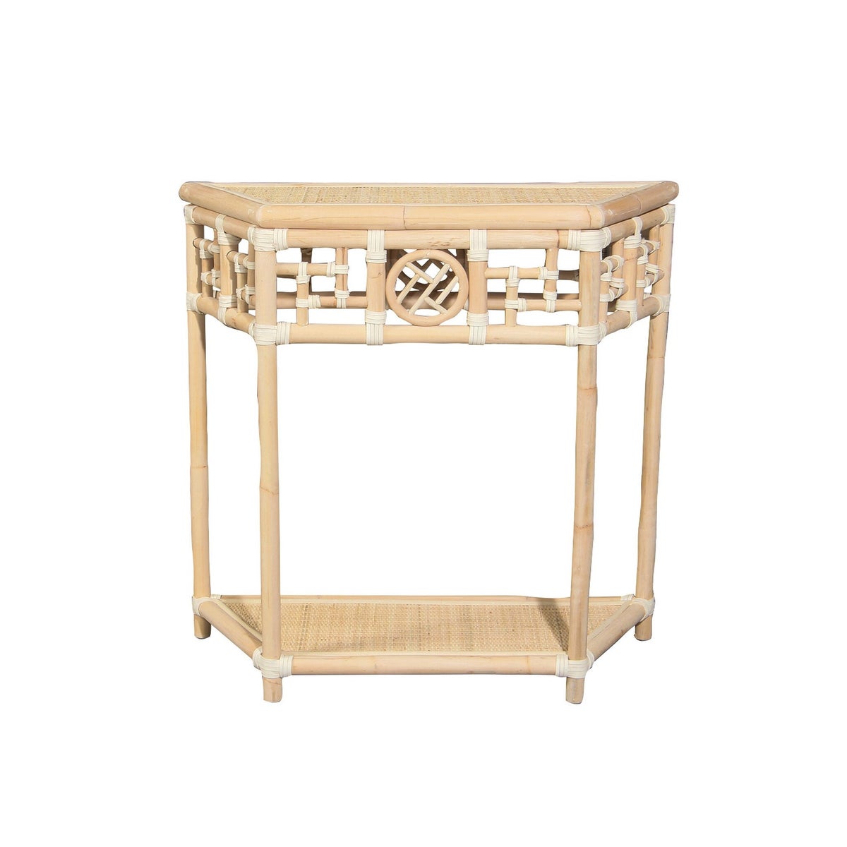 Demilune Table, Small Unpainted - "Select Your Color" Rattan Frame with Leather Wraps Woven Top