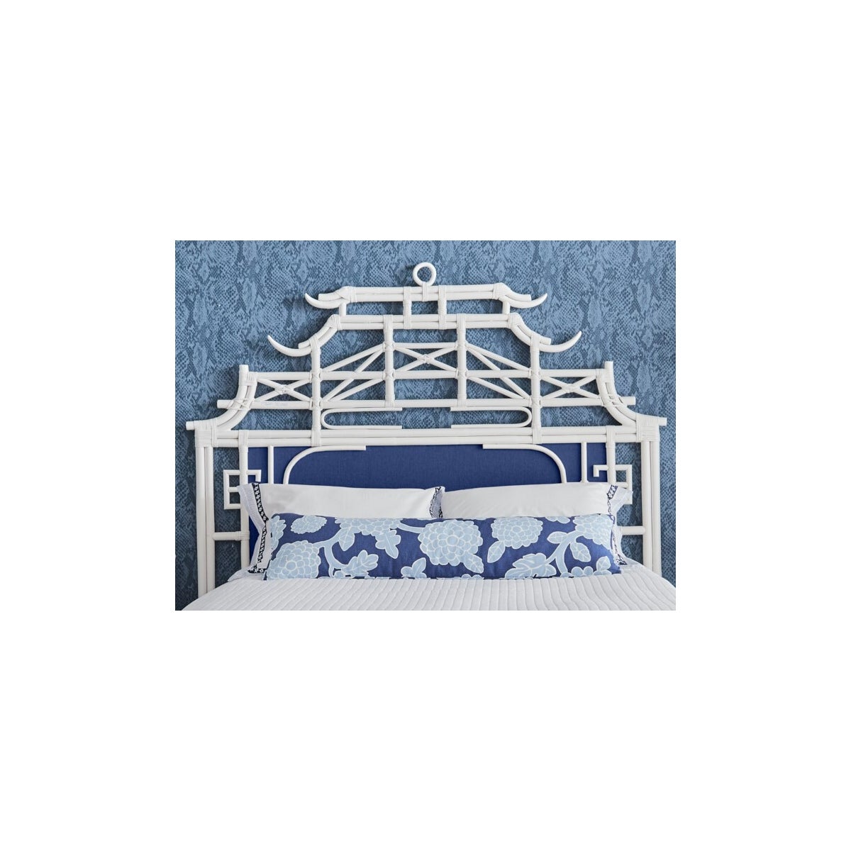 Pagoda Headboard, Queen w/ Fabric Insert Frame Material - Rattan Frame Color - White Fabric Inser