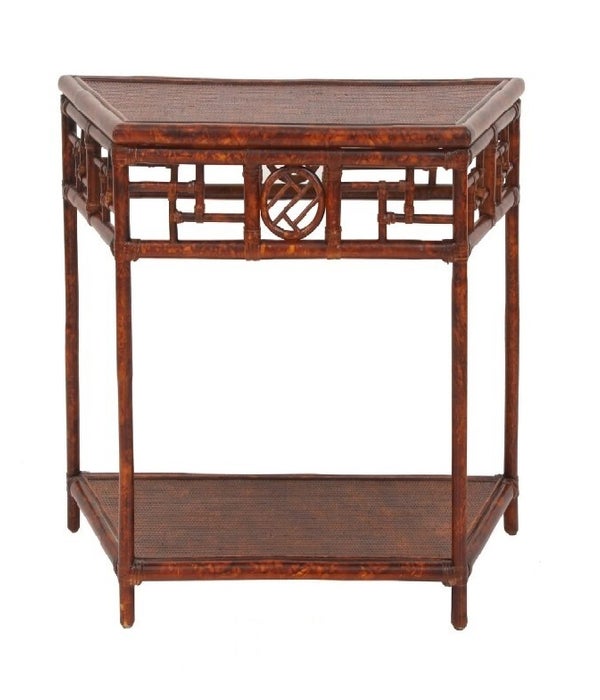 Demilune Table, Small Woven Top, Rattan Frame with Leather Wraps Color - Tortoise