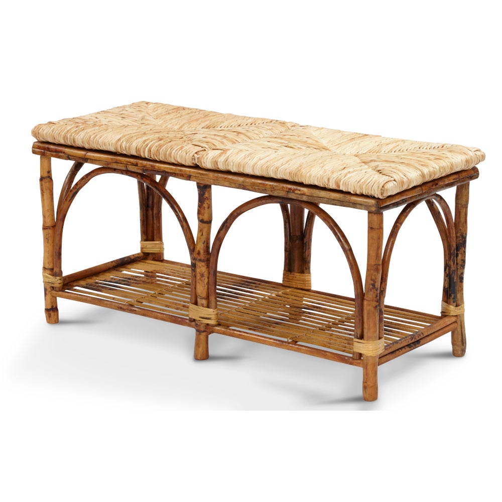 Bed Bench with Shelf Woven Rush Seat Frame Color - Tortoise