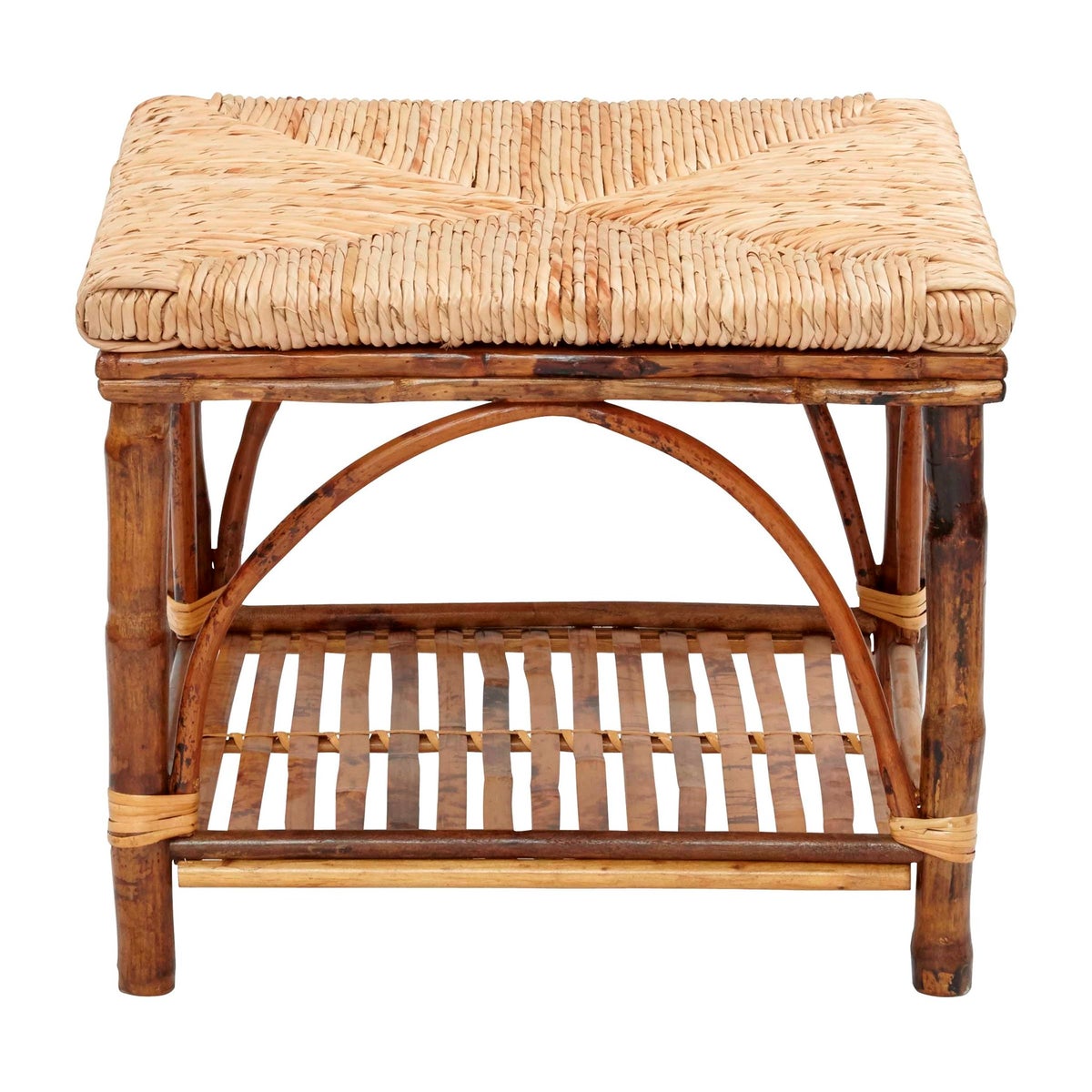 Ottoman with Shelf Woven Rush Top Frame Color - Tortoise