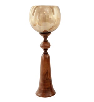 PURI CANDLE HOLDER- LARGE | Natural Brown Finish on Wood with Smoke Glass Globe