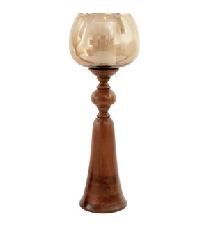 PURI CANDLE HOLDER- MEDIUM | Natural Brown Finish on Wood with Smoke Glass Globe