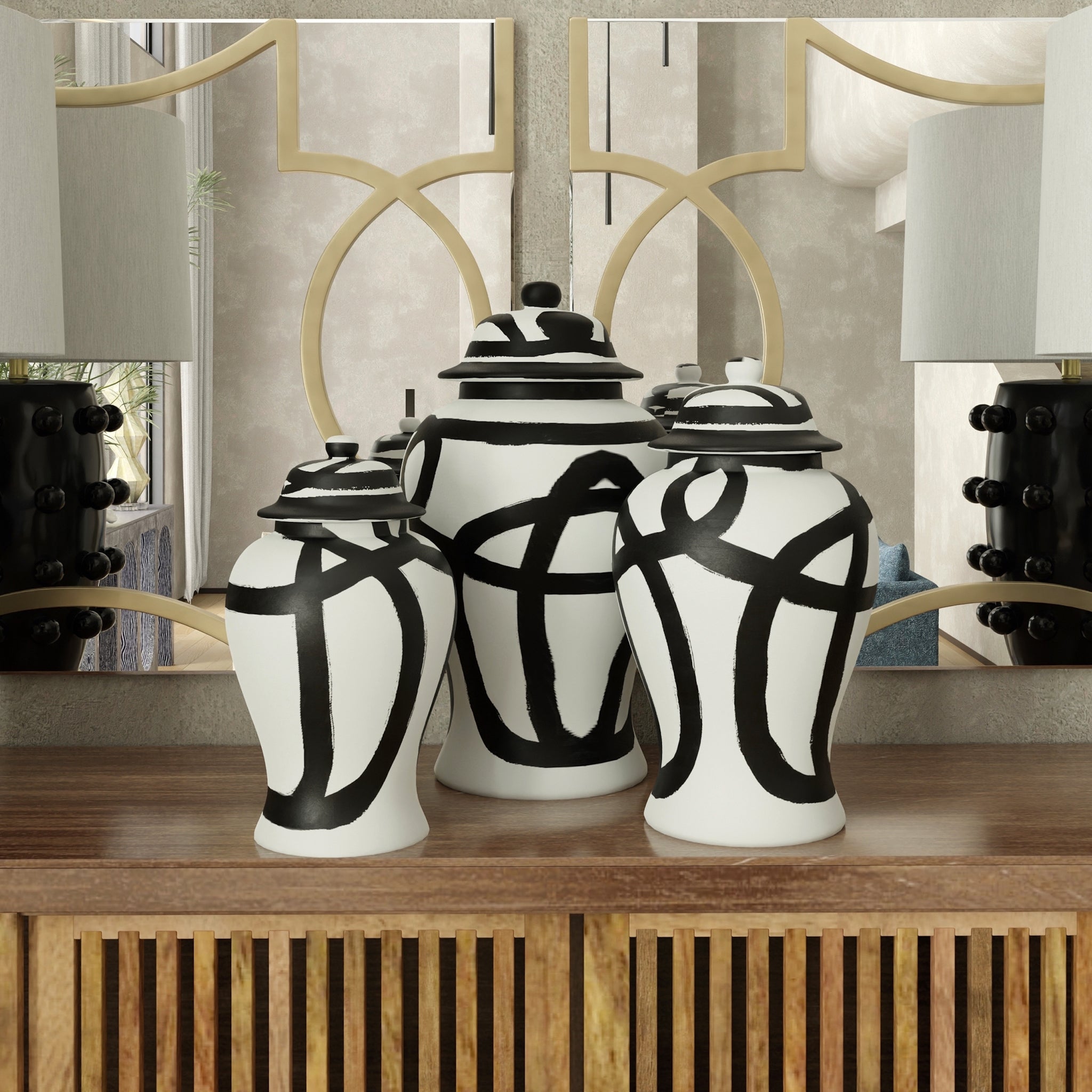 GINGER JAR- MEDIUM | Black and White Finish on Ceramic - vases