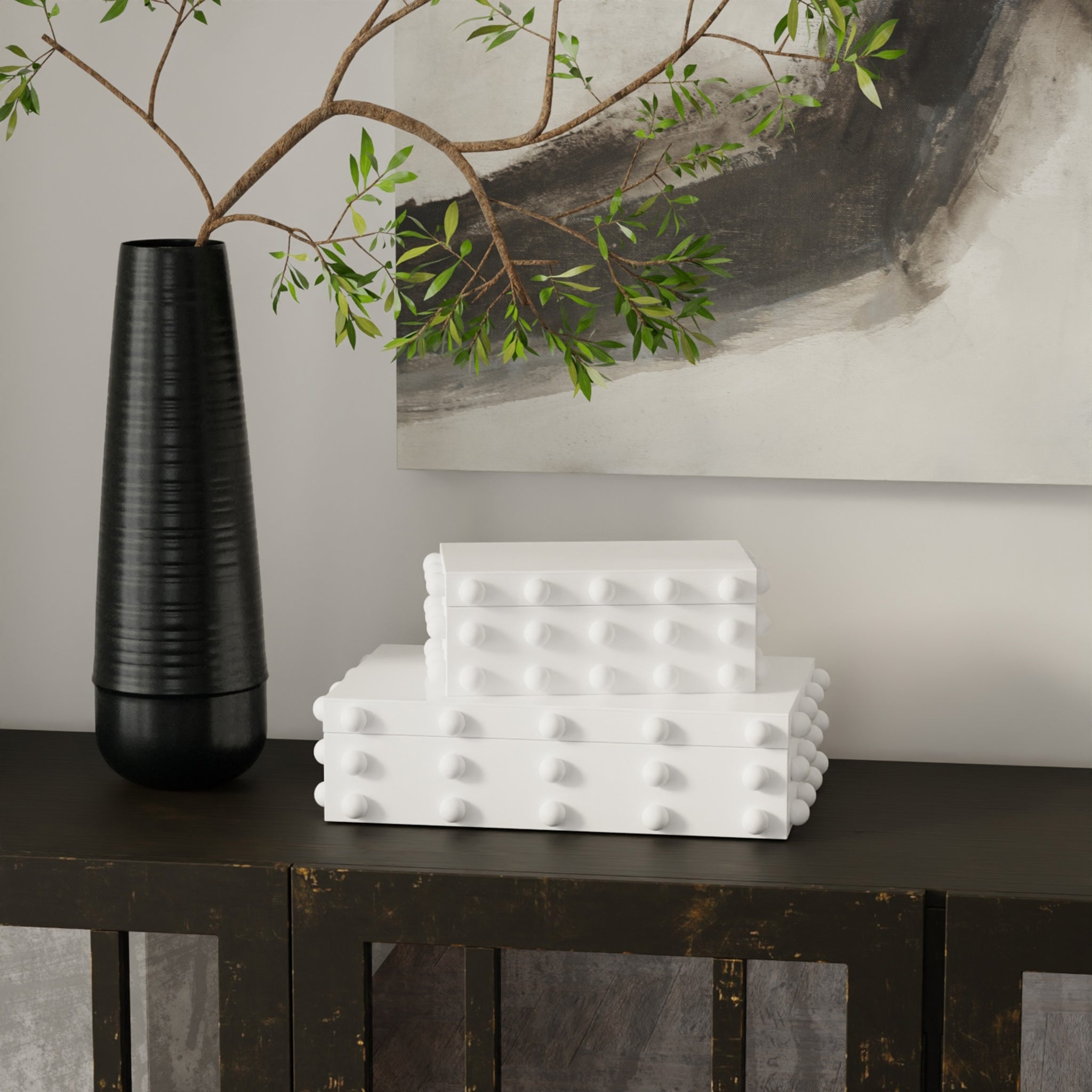 BATU BOX- SET OF 2 | White Finished Glass Box with Ceramic Knob