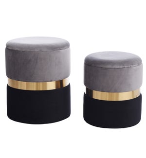DARYAN OTTOMAN- SET OF 2 | Gray and Black Velvet Storage Ottoman with Gold Finish on Metal Band