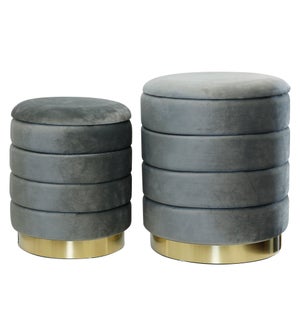 HOLLACE OTTOMAN GRAY- SET OF 2 | Gray Velvet Storage Ottoman with Gold Finish on Metal Band