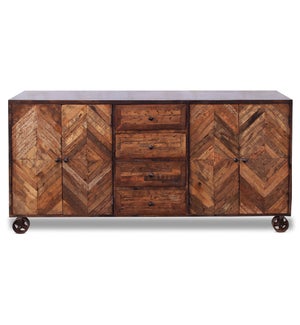 CORBY SIDEBOARD | Reclaimed Walnut Finish on Mango Wood with Iron Frame on Casters | 4 Door 4 Drawer