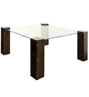 KOBE DINING TABLE- LARGE SQUARE | Vintage Iron Finish on Wood Legs with Floating Glass