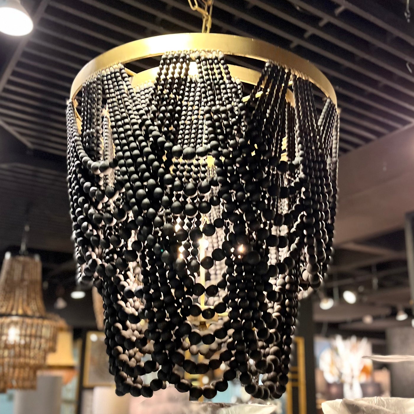 PEMBROKE CHANDELIER, Black Wood Beads with Brass Finished Metal -  chandeliers