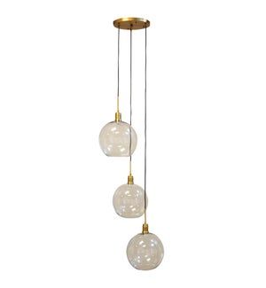 LUCA BRASS PENDANT- TRIPLE | Adjustable Level Clear Glass Globes with Brass Finished Metal