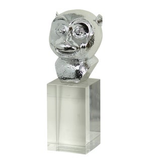 MONKEY BUST SCULPTURE | Chrome Finish on Resin Statue with Crystal Stand