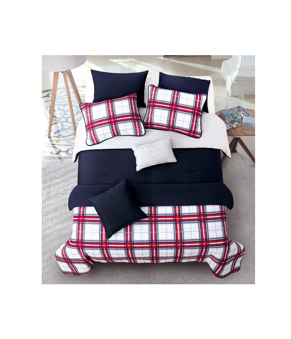 Ellery Navy Gray Red 8pc Full/Queen Layered Comforter & Coverlet Set