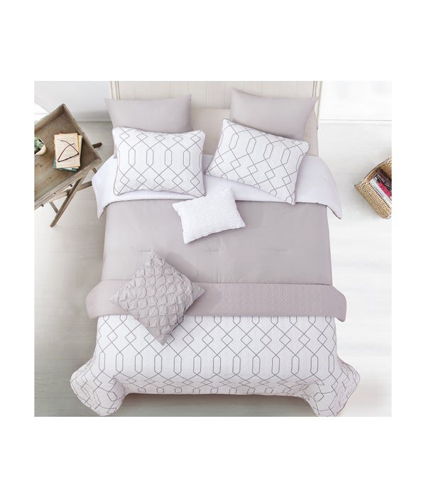 Kensil Gray White 8pc Full/Queen Layered Comforter & Coverlet Set