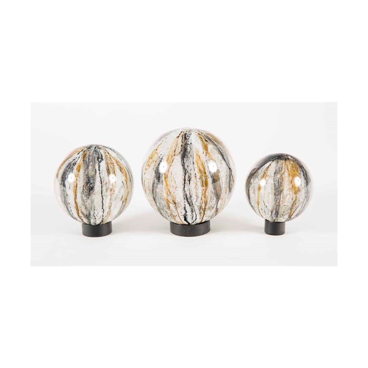Set of 3 Glass Balls on Iron Ring Stands in Gray Whisper Finish