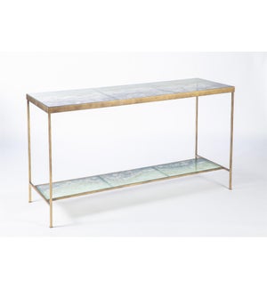 Dual Shelf Console in Antique Gold w/ Glass Shelves in Solid Amethyst