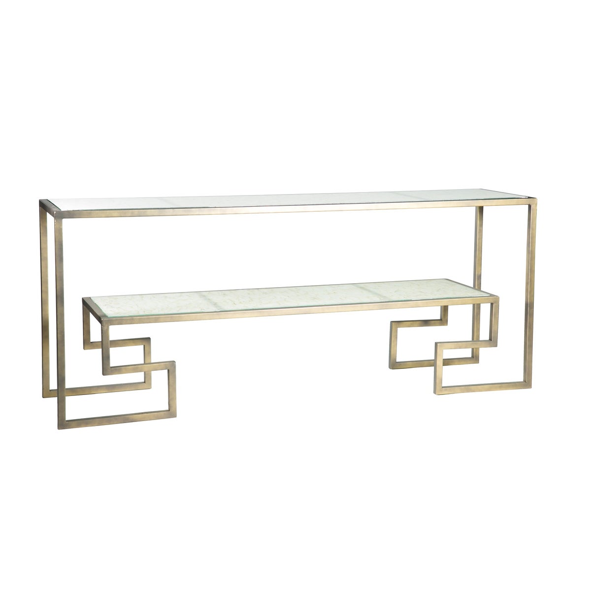 Greek Key Console Table in Antique Gold with Glass Shelves in Wrinkled Linen