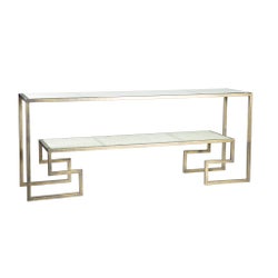 Greek Key Console Table in Antique Gold with Glass Shelves in Wrinkled Linen