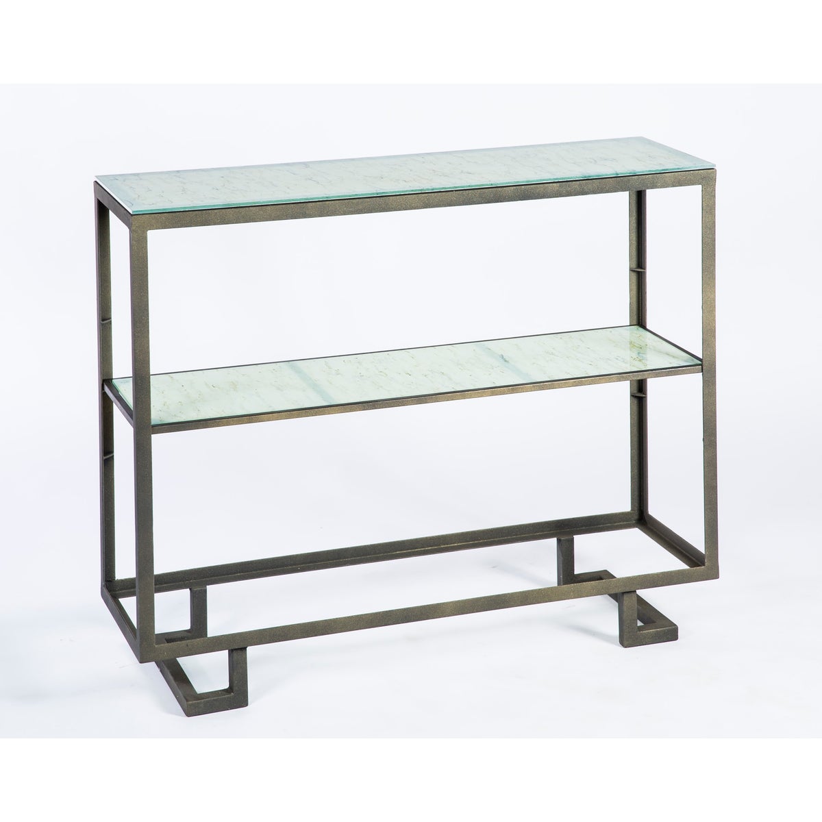 Wallace Console Table in Antique Bronze with Shelves in Wrinkled Linen 