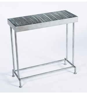 Bernard Console Table in Antique Silver with Inset Glass Top in Black Sand Finish