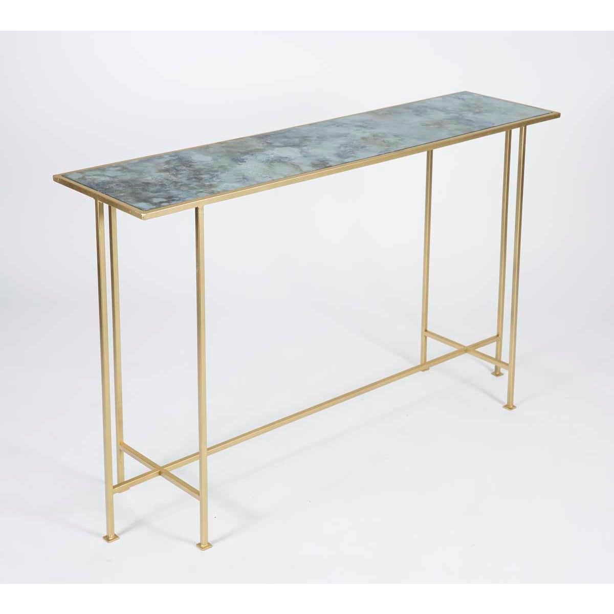 Macon Console Table in Gold with Glass Shelf in Cathedral Stone Finish