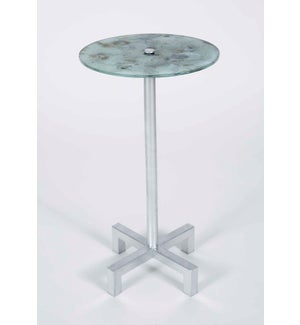 Cameron Accent Table in Silver with Glass Shelf in Cathedral Stone Finish