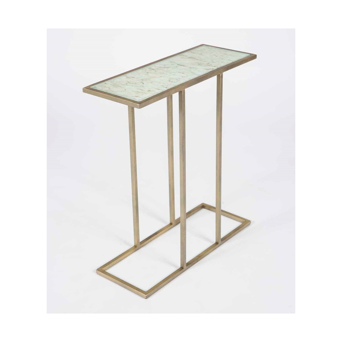 Collin Accent Table in Antique Brass with Glass Top in Wrinkled Linen Finish