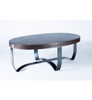 Round Strap Coffee Table with Dark Brown Hammered Copper Top