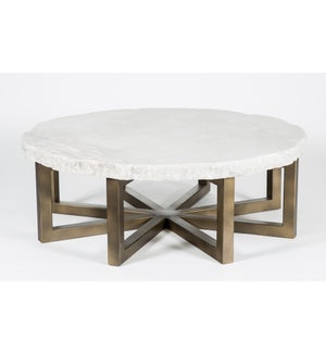 Dominic Coffee Table in Gold with 48" Round Live Edge White Marble Top