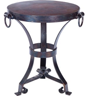 Accent Table with Hardware Rings and Round Dark Brown Hammered Copper Top