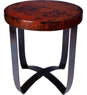 Round Strap End Table with Dark Brown Hammered Copper Top