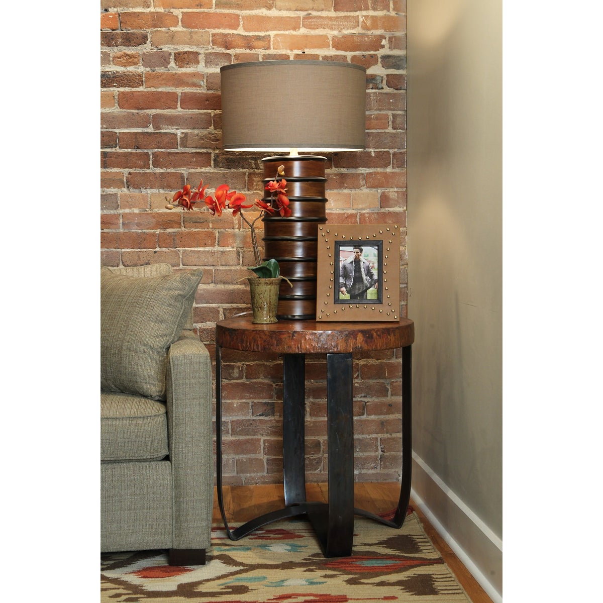 Round Strap End Table with Hammered Copper Top
