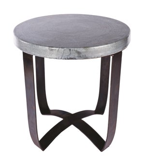 Round Strap End Table with Hammered Zinc Top