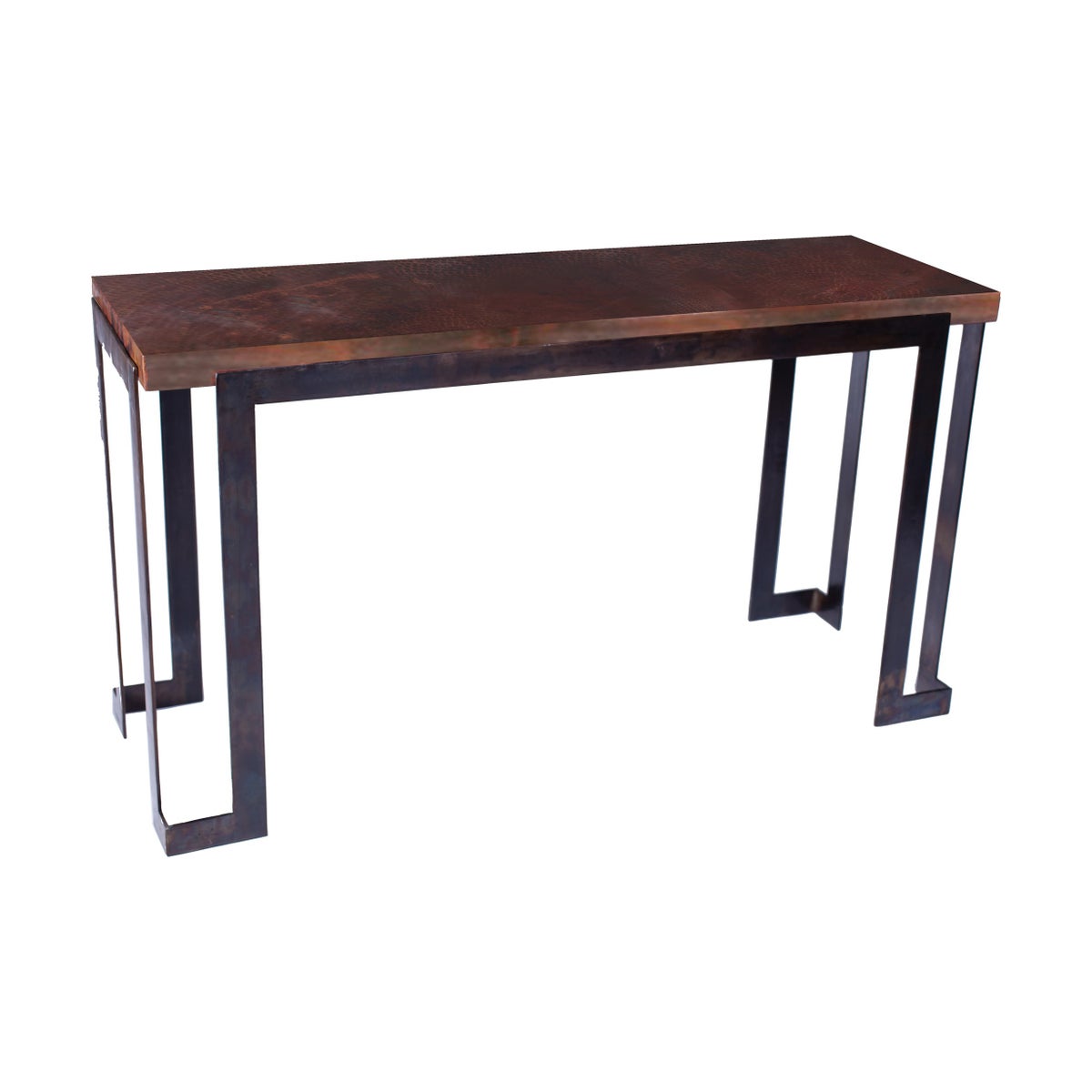 Steel Strap Console Table with Dark Brown Hammered Copper Top
