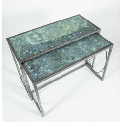 Oliver Nesting Console Tables Set of 2 in Antique Silver w/Glass Top in Ocean Swell Finish