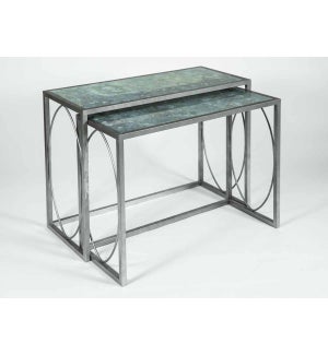 Oliver Nesting Console Tables Set of 2 in Antique Silver w/Glass Top in Ocean Swell Finish