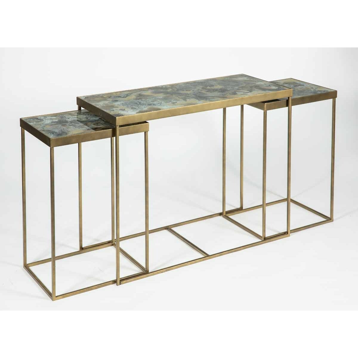 Louis Nesting Console Tables Set of 3 in Antique Brass with Glass Top in Eureka Finish
