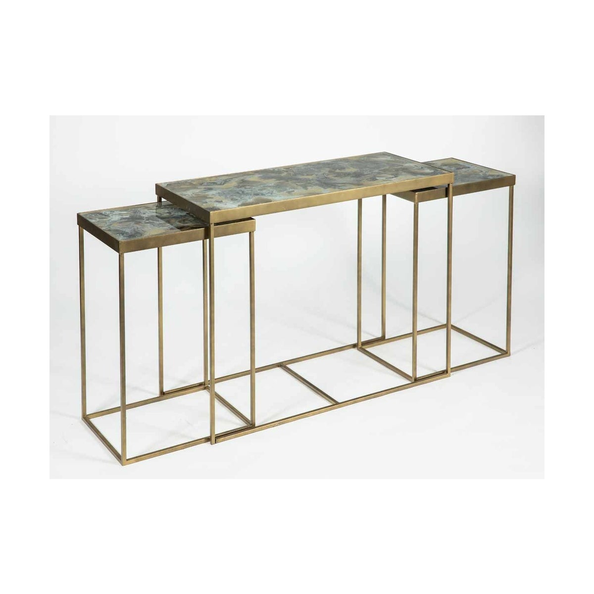 Louis Nesting Console Tables Set of 3 in Antique Brass with Glass Top in Eureka Finish