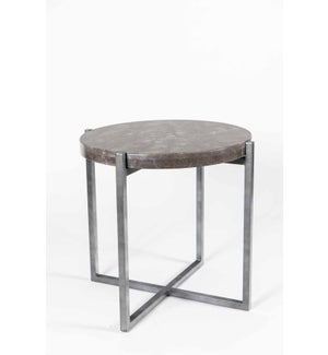 Joseph Round Side Table with Polished Gray Marble Top & Base in Antique Silver