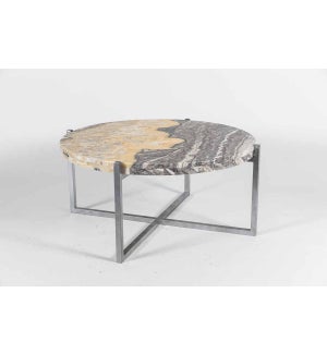 Joseph Round Coffee Table  in Antique Silver with 36" Polished Zebra Onyx Top