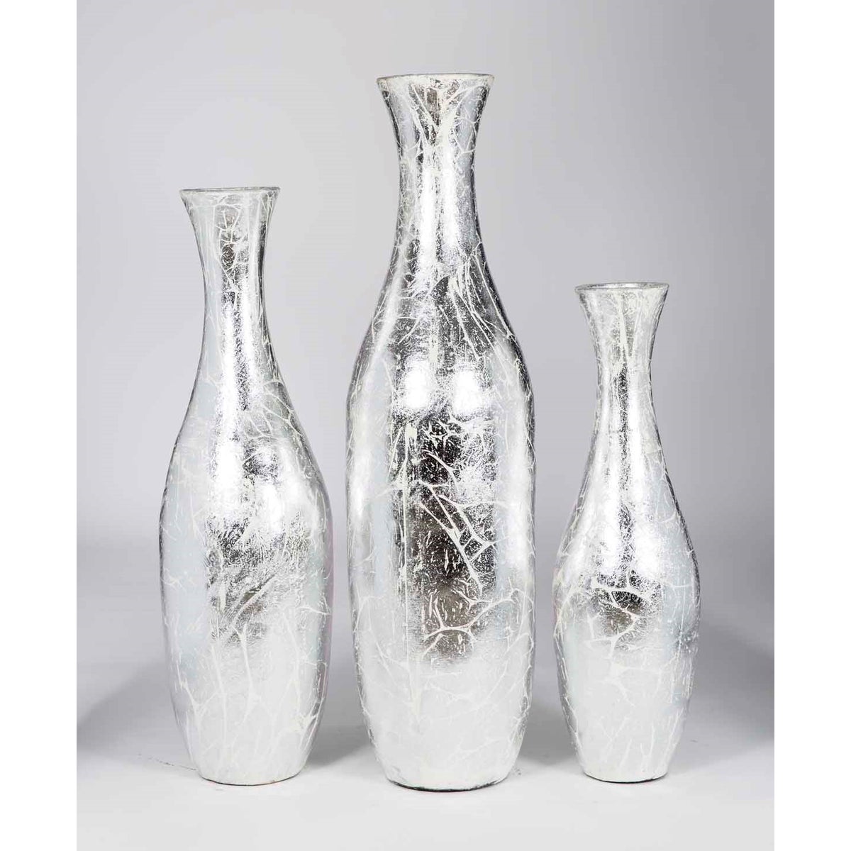 Set of 3 Floor Jugs in Silver Crackle Finish