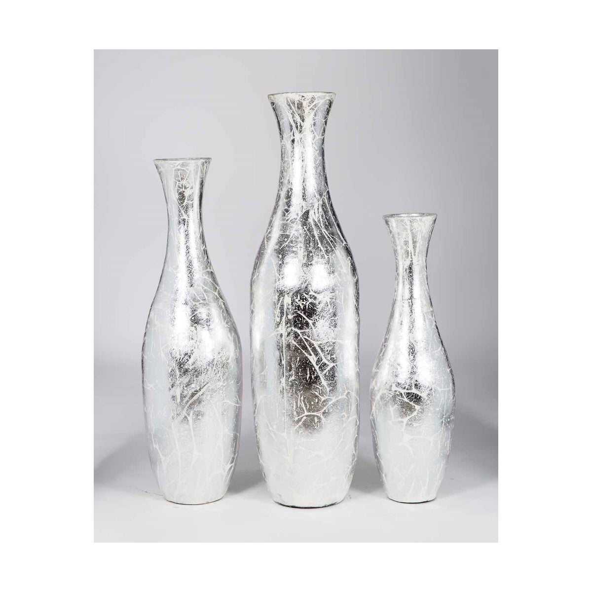 Set of 3 Floor Jugs in Silver Crackle Finish
