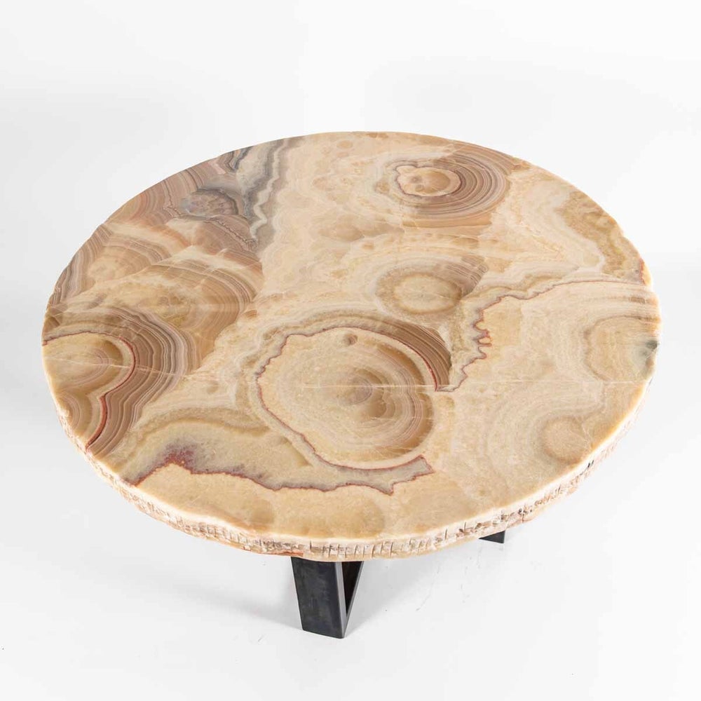 Collin Dining Table with 42" Round Live Edge Polished Orange Onyx
