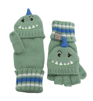Knitted Fingerless Gloves w/Flap - Dino 2-4Y
