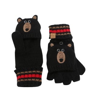 Knitted Fingerless Gloves w/Flap - Black Bear 2-4Y