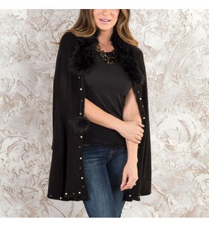 Black Faux Fur Collar Cape with Pearl Accents - OS