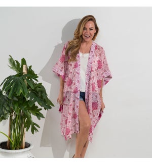 DUSTY ROSE FLORAL OPEN FRONT SHEER KIMONO WITH TASSELS