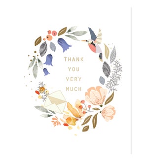 Floral Wreath and Bird Thank You Cards