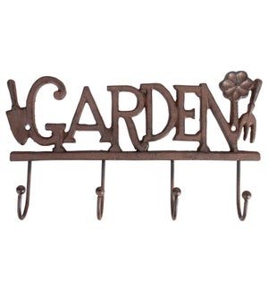 "GARDEN" 4 Hook Hanger, Cast Iron, Antique Brown